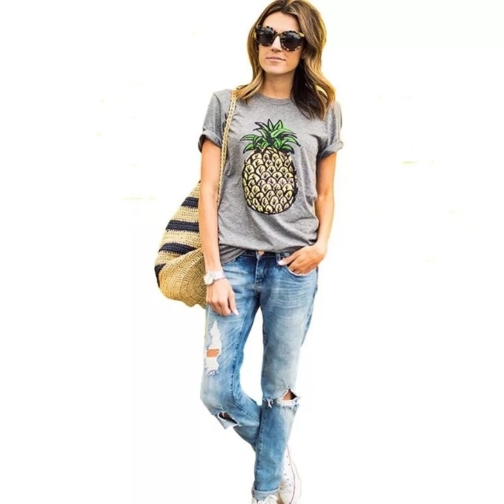 Pineapple Graphic Gray Short Sleeve Tee Shirt - Picture 2 of 6
